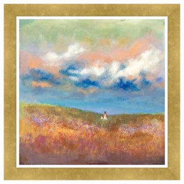 A Mother's Love by Kerream Jones (Gold Frame) - Painting of a person in a field with a colorful sky, framed in gold.