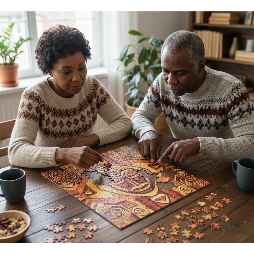 7 of 7: Alkebulan Madonna by Patrick Dougher: African American Jigsaw Puzzle (Lifestyle) - Two people working on a puzzle together at a table in a cozy room.