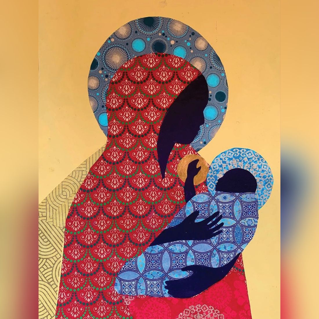 2 of 7: Alkebulan Madonna by Patrick Dougher: African American Jigsaw Puzzle (Artwork) - Artistic depiction of a figure with intricate patterns on a yellow background