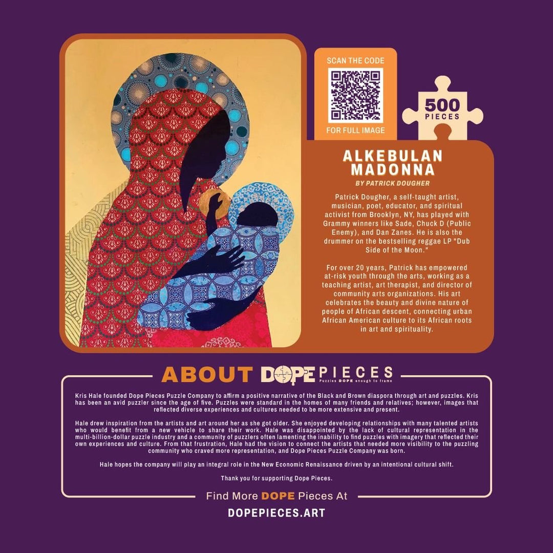 Alkebulan Madonna by Patrick Dougher: African American Jigsaw Puzzle (Box Back) - Jigsaw puzzle packaging with artistic design and text on a purple background
