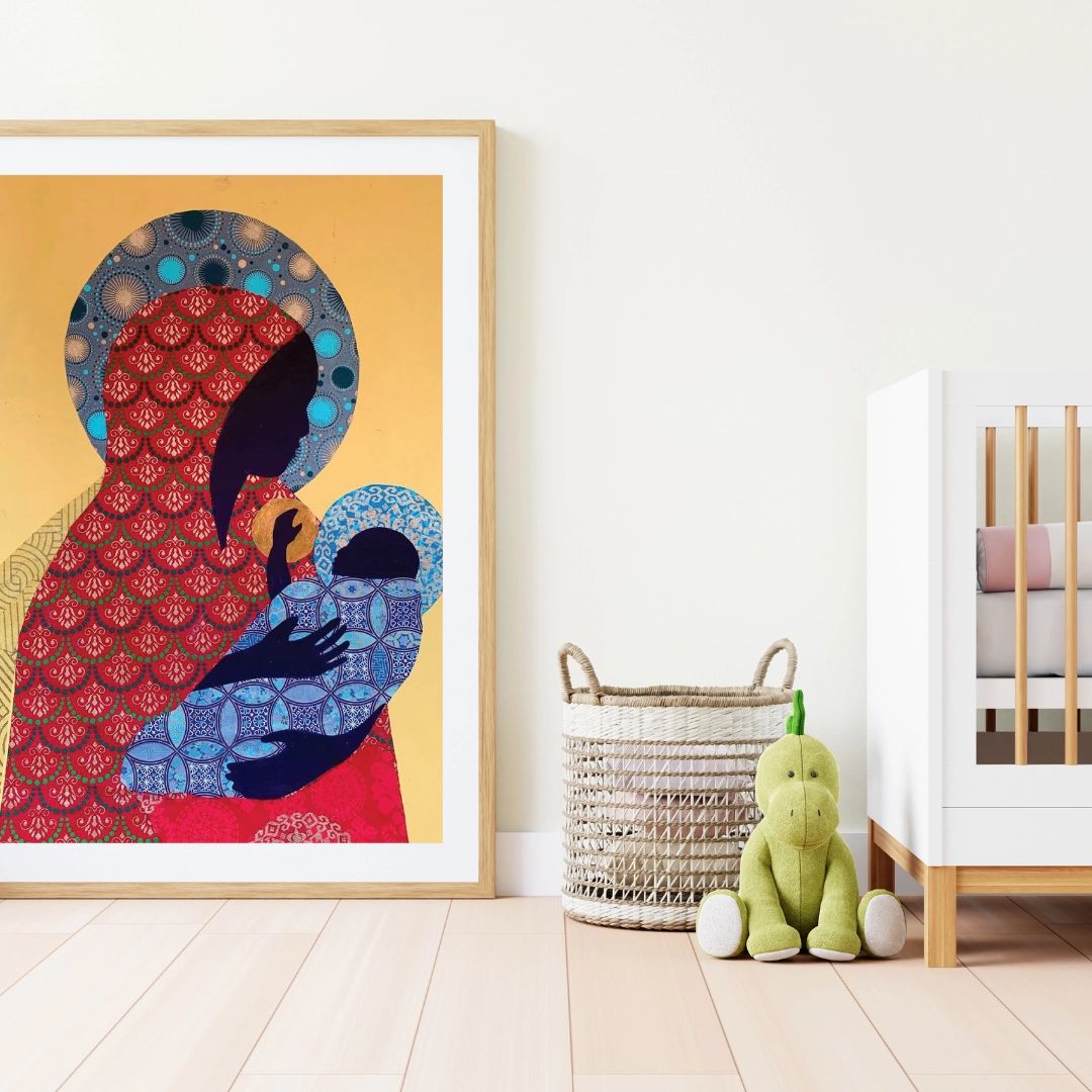 6 of 7: Alkebulan Madonna by Patrick Dougher: African American Jigsaw Puzzle (Framed Puzzle) - Colorful abstract art print of a mother and child in a nursery with a crib and basket.