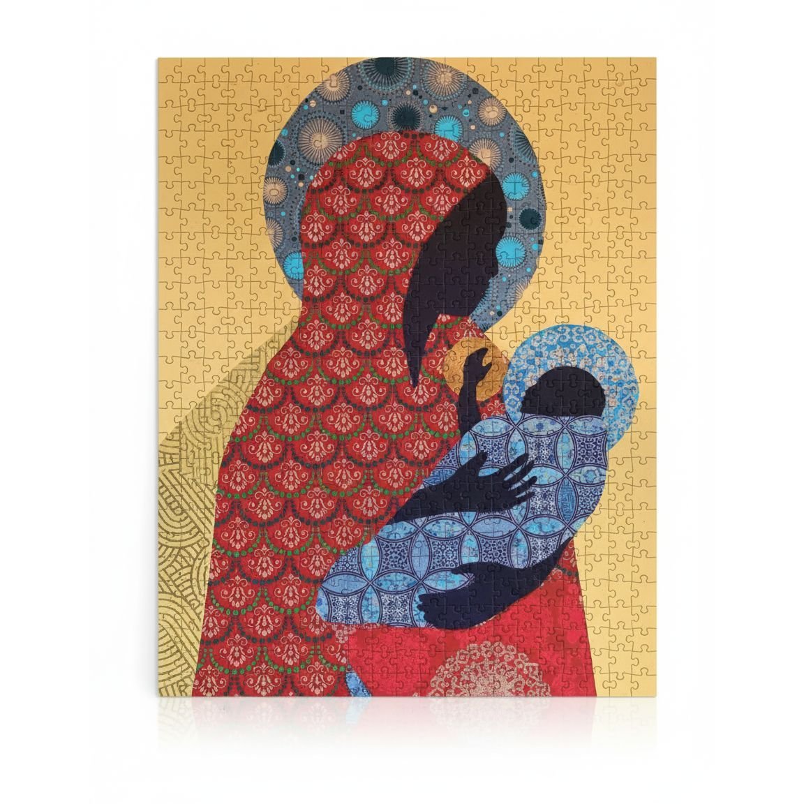 1 of 7: Alkebulan Madonna by Patrick Dougher: African American Jigsaw Puzzle (Main) - Jigsaw puzzle with a colorful design of two figures on a yellow background