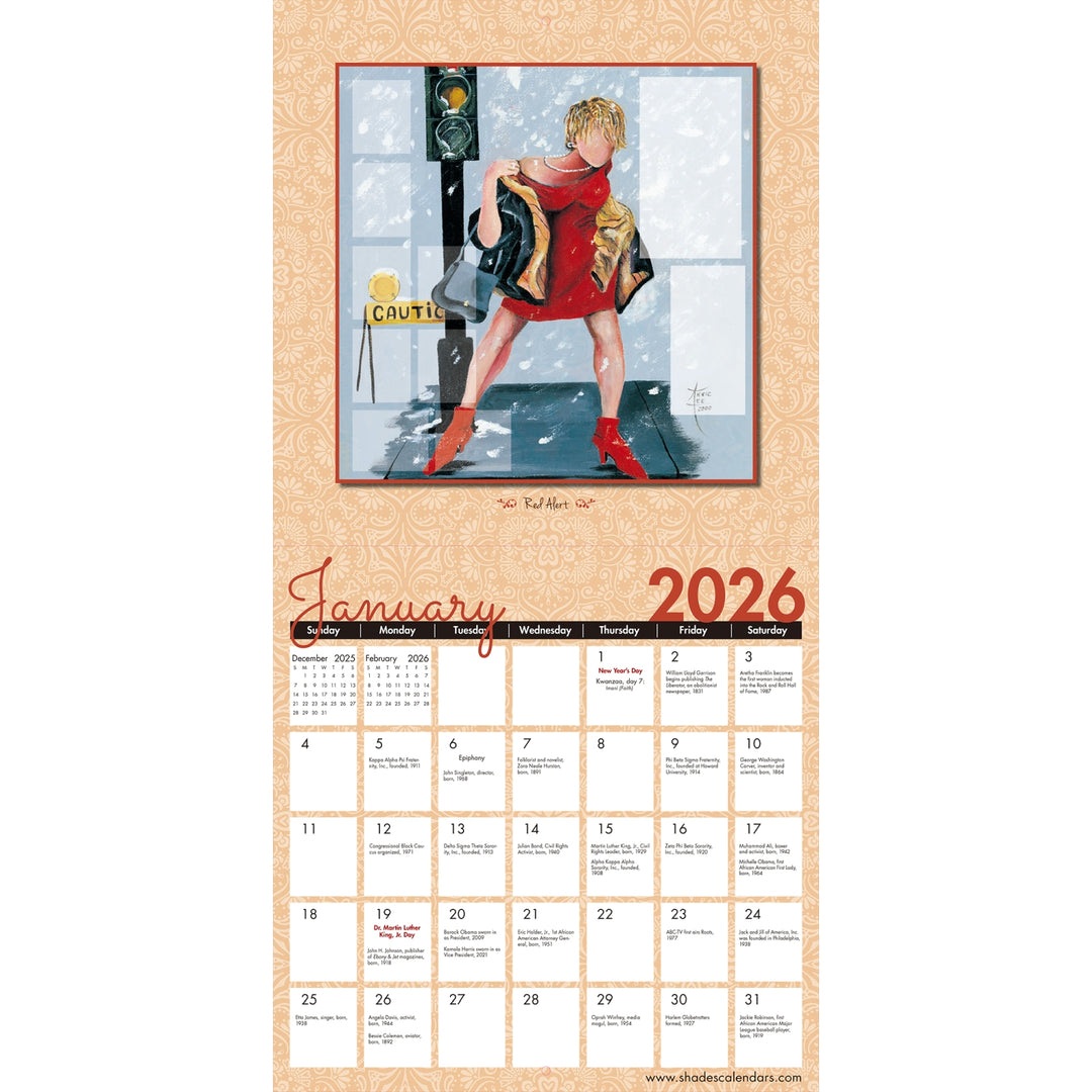 The Art of Annie Lee: 2026 African American Wall Calendar (Inside) -  Calendar for January 2026 with a stylized illustration of a woman in a red dress on a beige background.