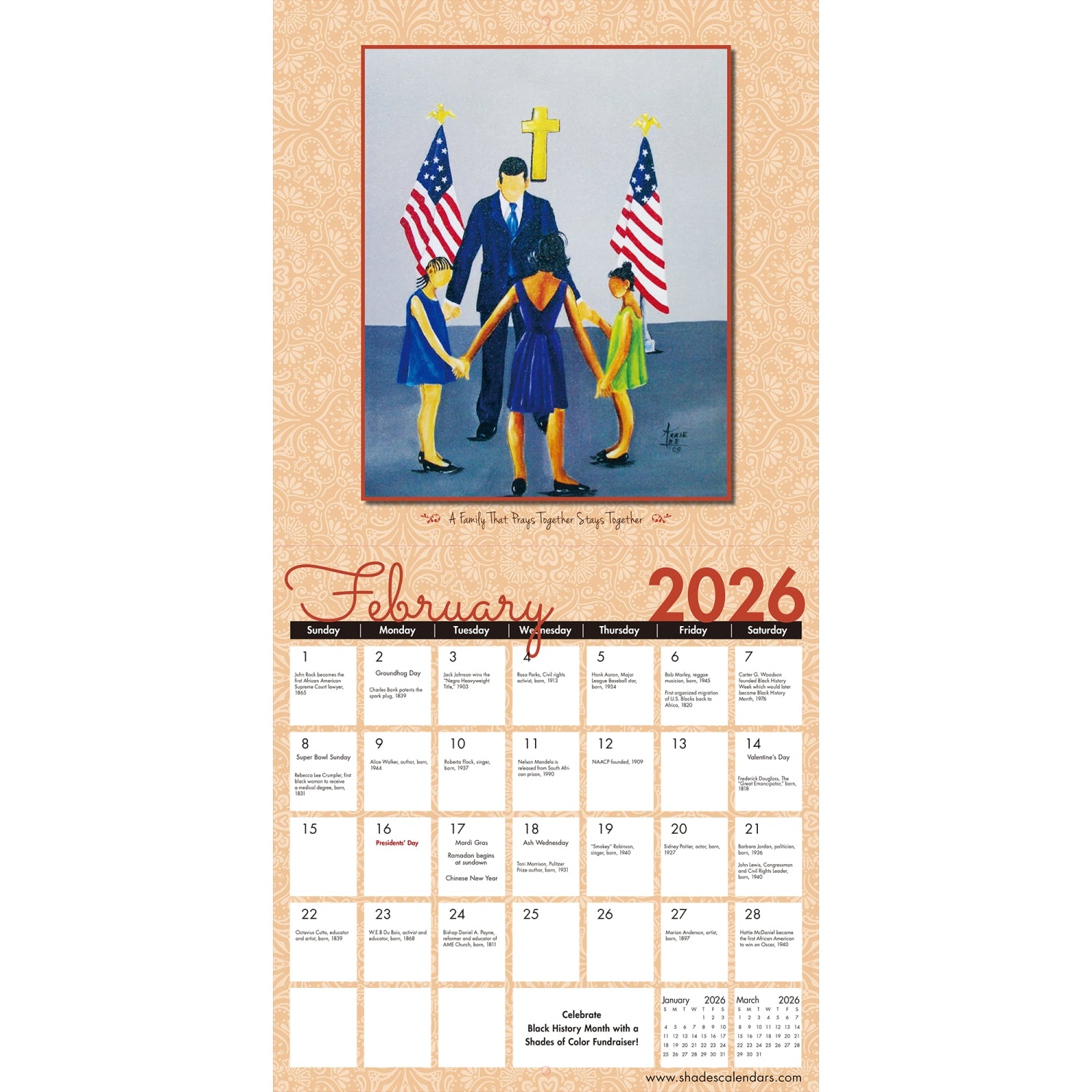 4 of 5: The Art of Annie Lee: 2026 African American Wall Calendar (Inside 2)  - Calendar for February 2026 with a historical illustration of a family holding hands, featuring American flags.