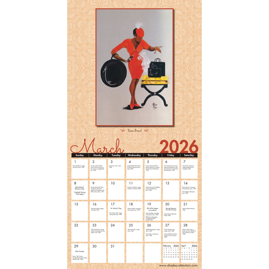 The Art of Annie Lee: 2026 African American Wall Calendar (Inside 3) -  Calendar for March 2026 with a vintage-style illustration of a woman on the cover.