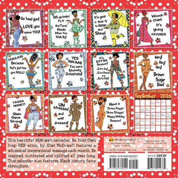 Blessed Sista Energy: The Art of Kiwi McDowell 2026 Black Art Calendar (Back) - 2026 wall calendar with colorful illustrations and text on a red background