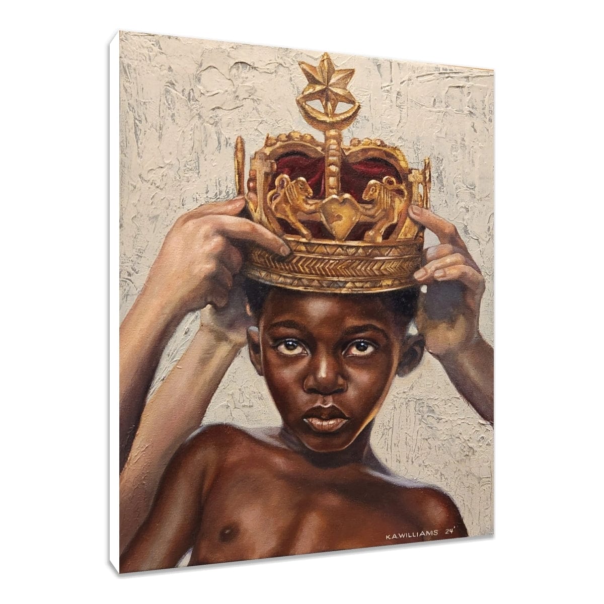 2 of 2: Born King by K.A. Williams features young Black boy with golden crown being placed on his head by caring hands, symbolizing community-affirmed royal heritage. - stretched canvas