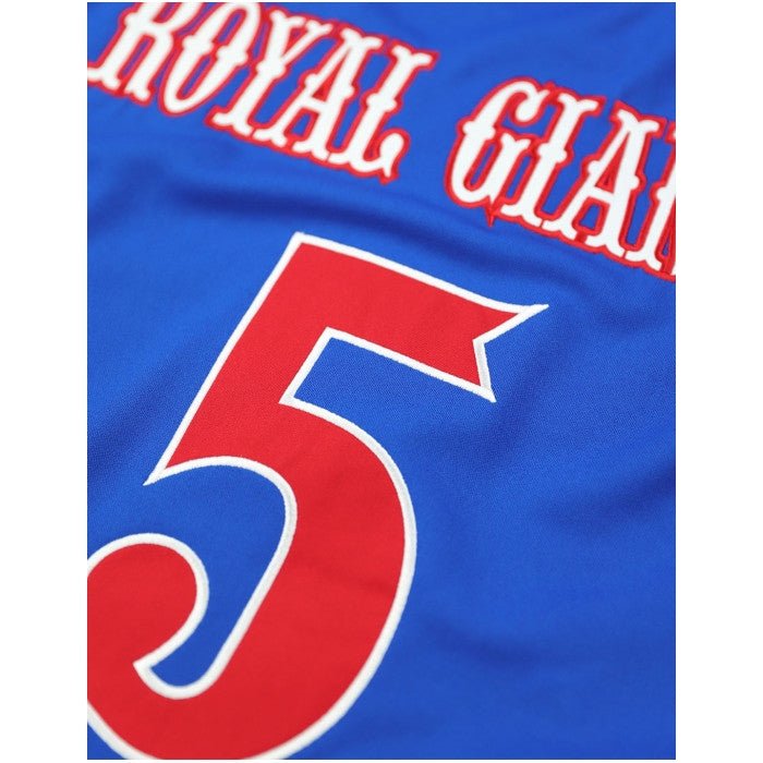 5 of 8: Brooklyn Royal Giants Negro League Baseball Jersey (Rear Detail) - Blue fabric with red and white text and number '5'