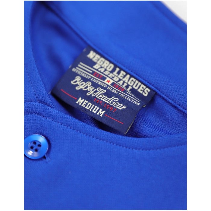Brooklyn Royal Giants Negro League Baseball Jersey (Collar Detail) - Blue shirt with a label on a white background