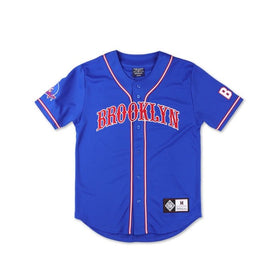 Brooklyn Royal Giants Negro League Baseball Jersey (Front) - Blue baseball jersey with 'Brooklyn' text on a white background