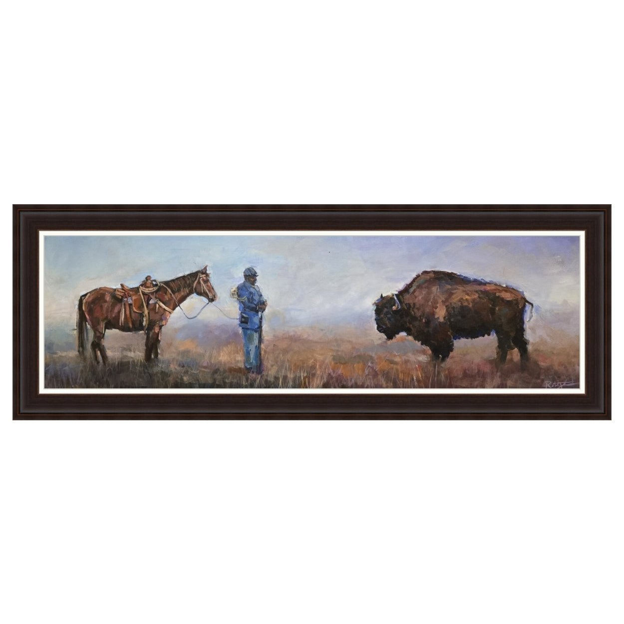 2 of 3: Buffalo.....Soldier Art Print by Robert Jackson (Brown Frame) - Painting of a person on horseback facing a bison in a field