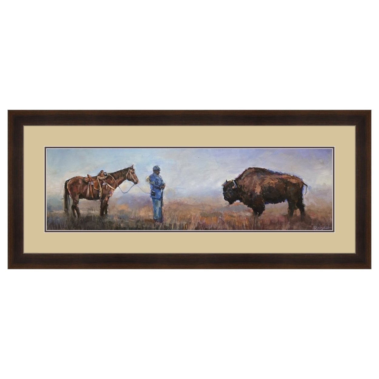 3 of 3: Buffalo.....Soldier Art Print by Robert Jackson (Double Mat w/ Brown Frame) - Framed artwork of a man with a horse and bison in a natural setting