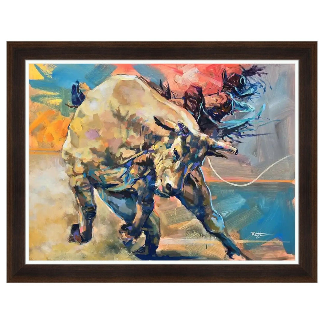Bull Rider by Robert Jackson (Brown Frame) - Framed painting of a bull with abstract background