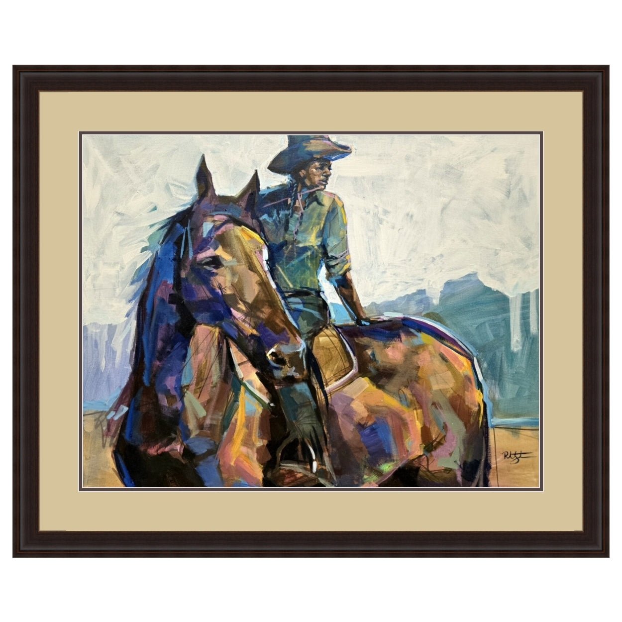 4 of 4: Cowgirl by Robert Jackson (Double Matted w/ Brown Frame) - Framed painting of a cowboy on a horse with a textured background