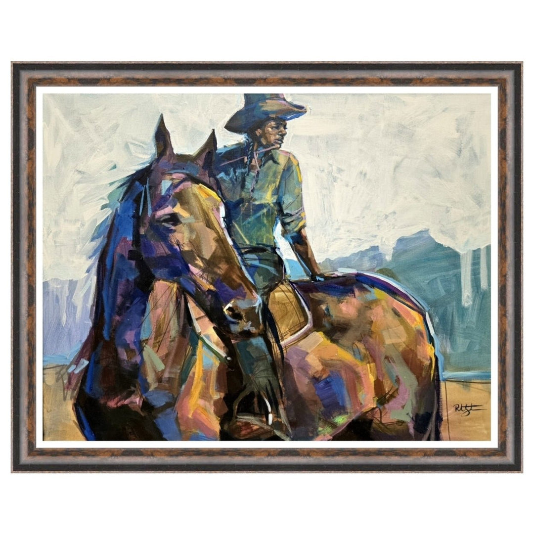 Cowgirl by Robert Jackson (Mottled Brown Frame) - Painting of a cowboy on horseback with a stylized background