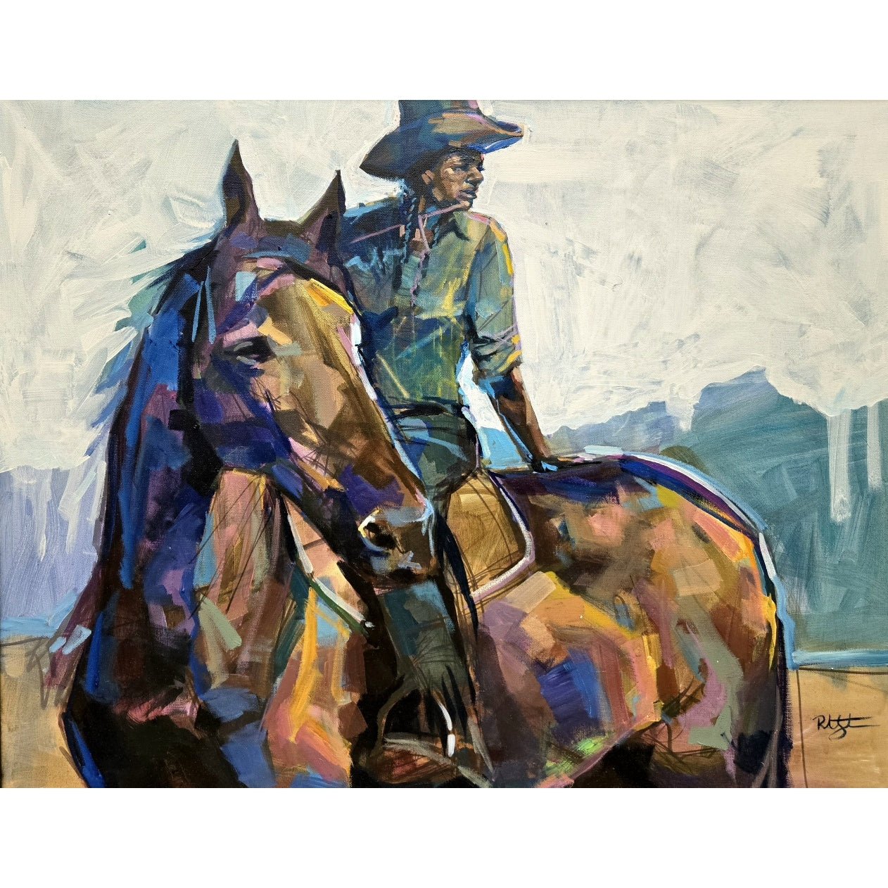 1 of 4: Cowgirl by Robert Jackson (Unframed) - Painting of a person riding a horse with a stylized background
