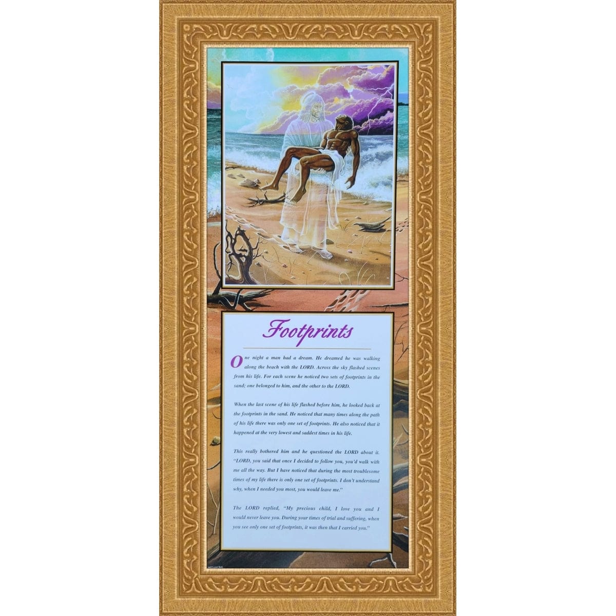 2 of 2: Footprints artwork by Lester Kern showing Jesus carrying a man across beach (Gold Frame)