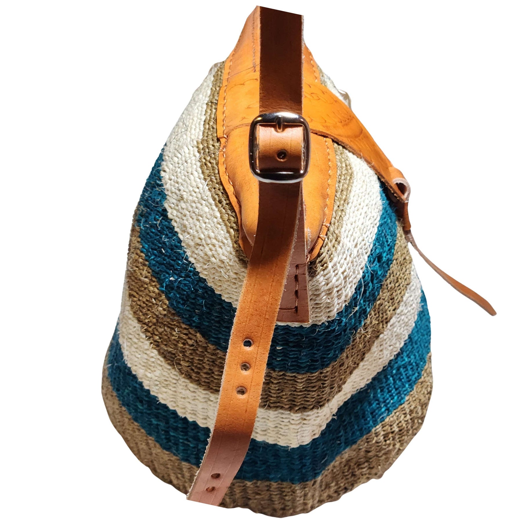 8 of 12: Nanyori: Authentic Hand Woven Sisal and Leather Kenyan Kiondo (Adjustable Strap Buckle View - Brown, Teal and Natural Colors)