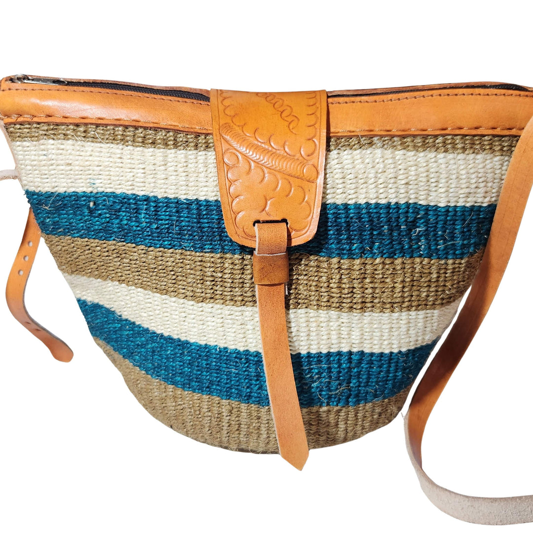Nanyori: Authentic Hand Woven Sisal and Leather Kenyan Kiondo (Detail Front View - Brown, Teal and Natural Colors)