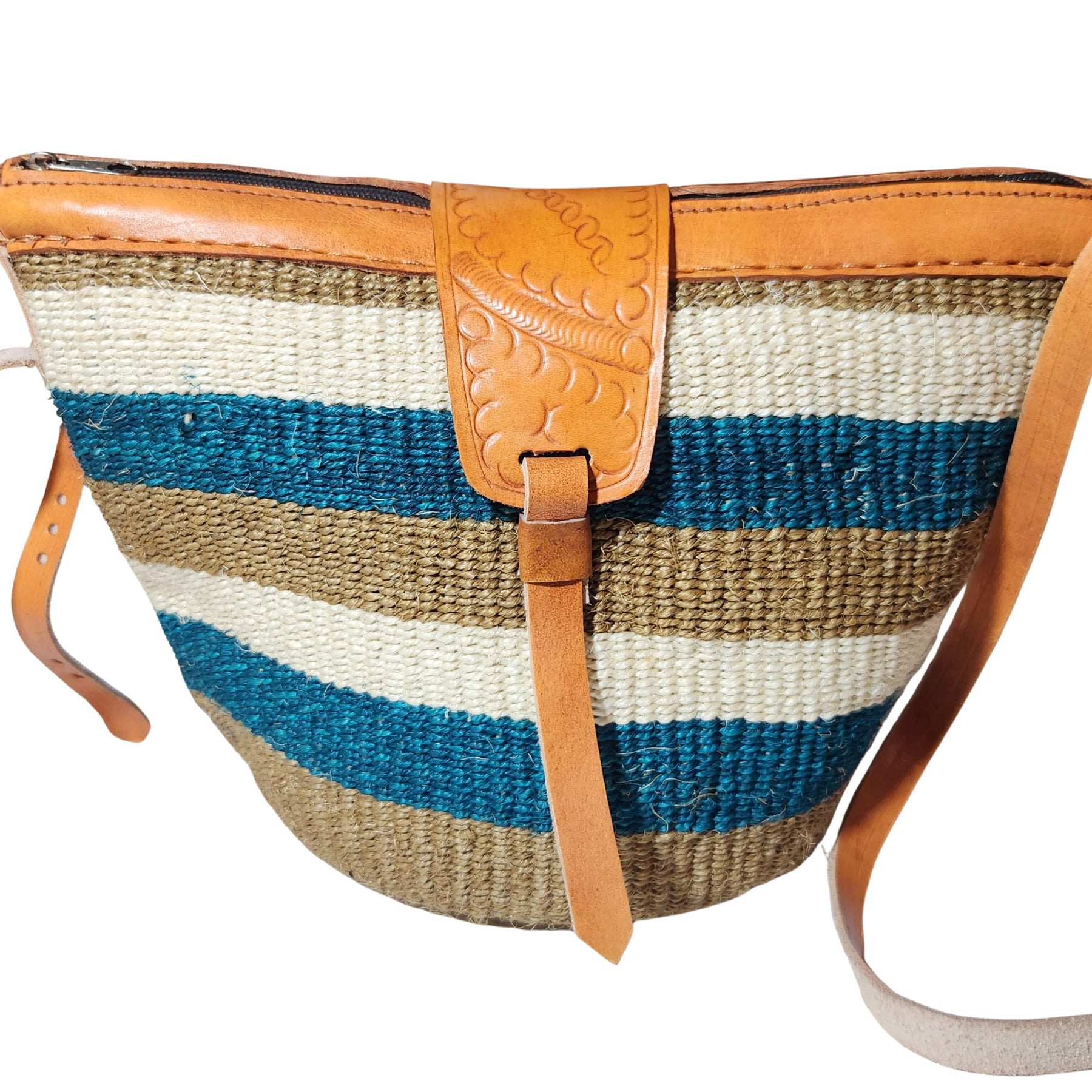 3 of 12: Nanyori: Authentic Hand Woven Sisal and Leather Kenyan Kiondo (Detail Front View - Brown, Teal and Natural Colors)