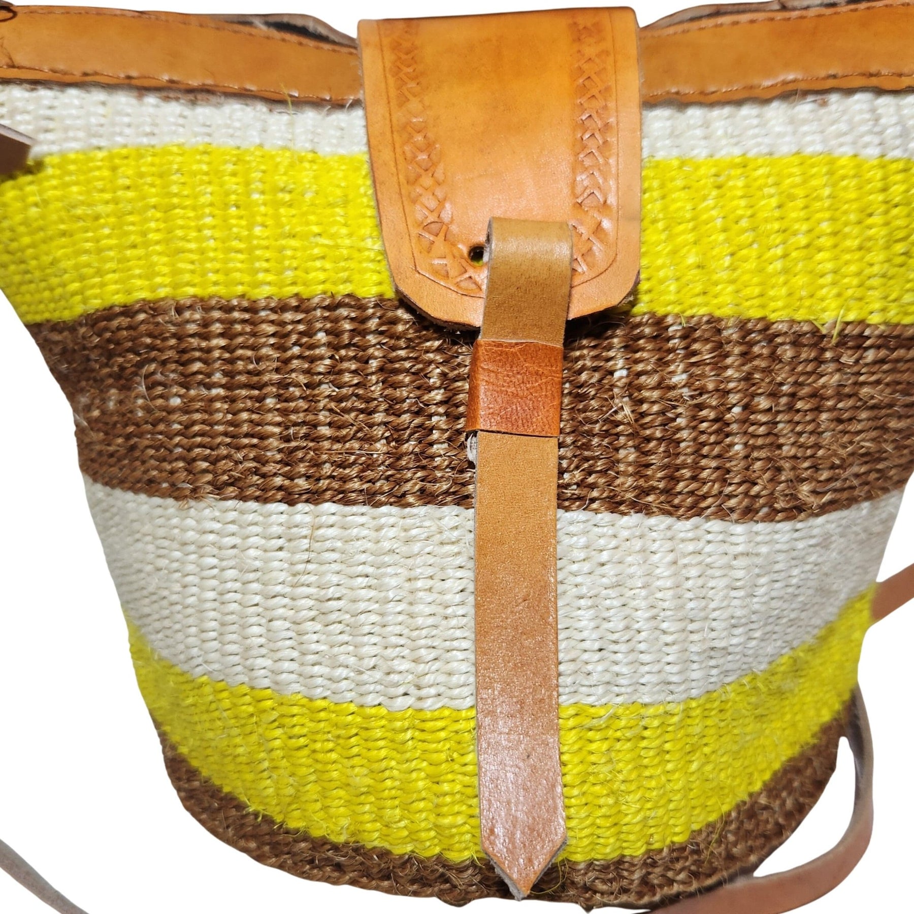 4 of 12: Nanyori: Authentic Hand Woven Sisal and Leather Kenyan Kiondo (Detail Front View - Brown, Yellow and Natural Colors)