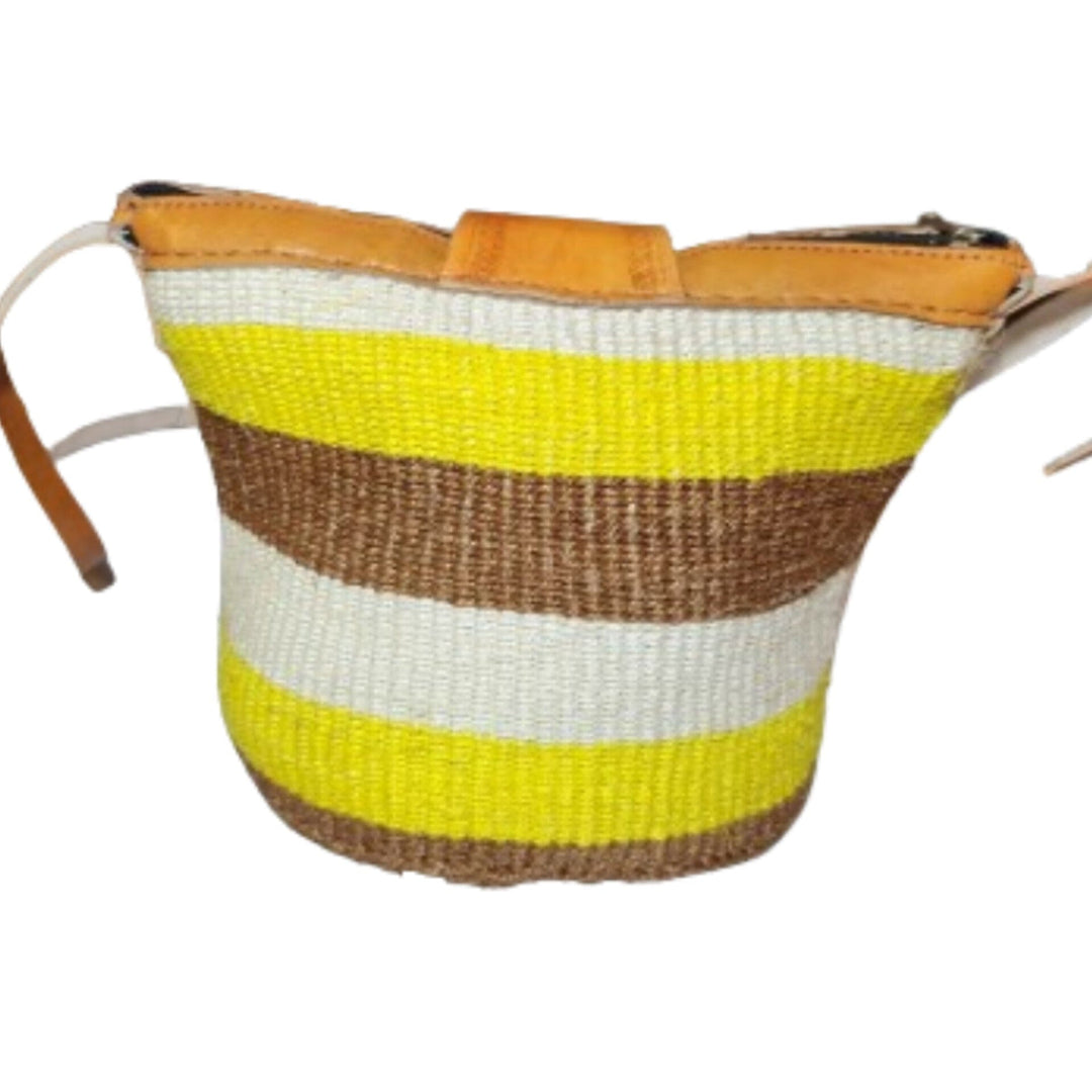 Nanyori: Authentic Hand Woven Sisal and Leather Kenyan Kiondo (Rear View - Brown, Yellow and Natural Colors)