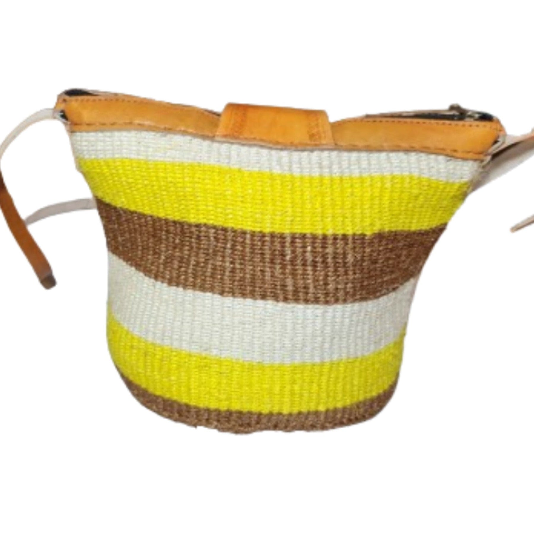 9 of 12: Nanyori: Authentic Hand Woven Sisal and Leather Kenyan Kiondo (Rear View - Brown, Yellow and Natural Colors)