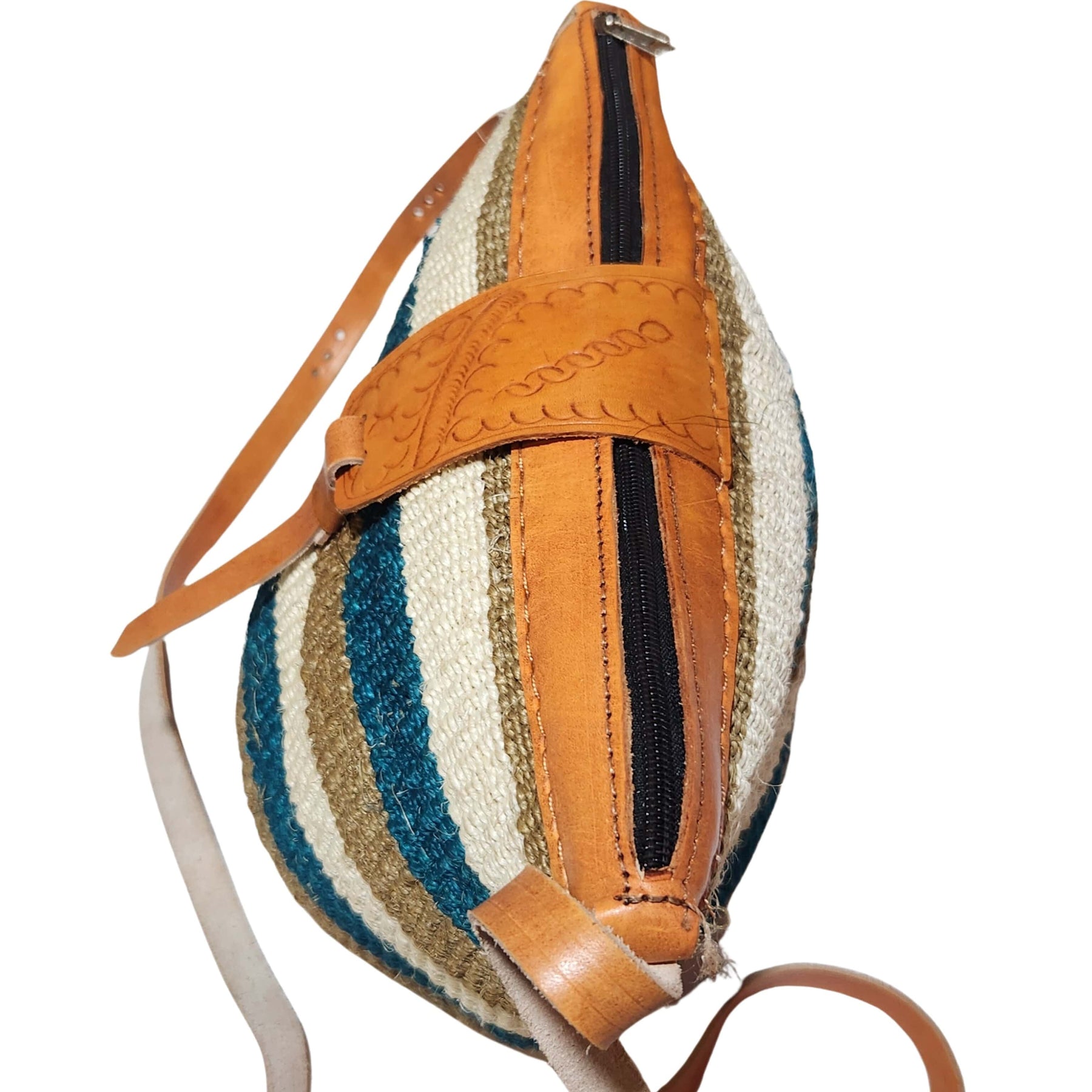 7 of 12: Nanyori: Authentic Hand Woven Sisal and Leather Kenyan Kiondo (Top View - Brown, Teal and Natural Colors)