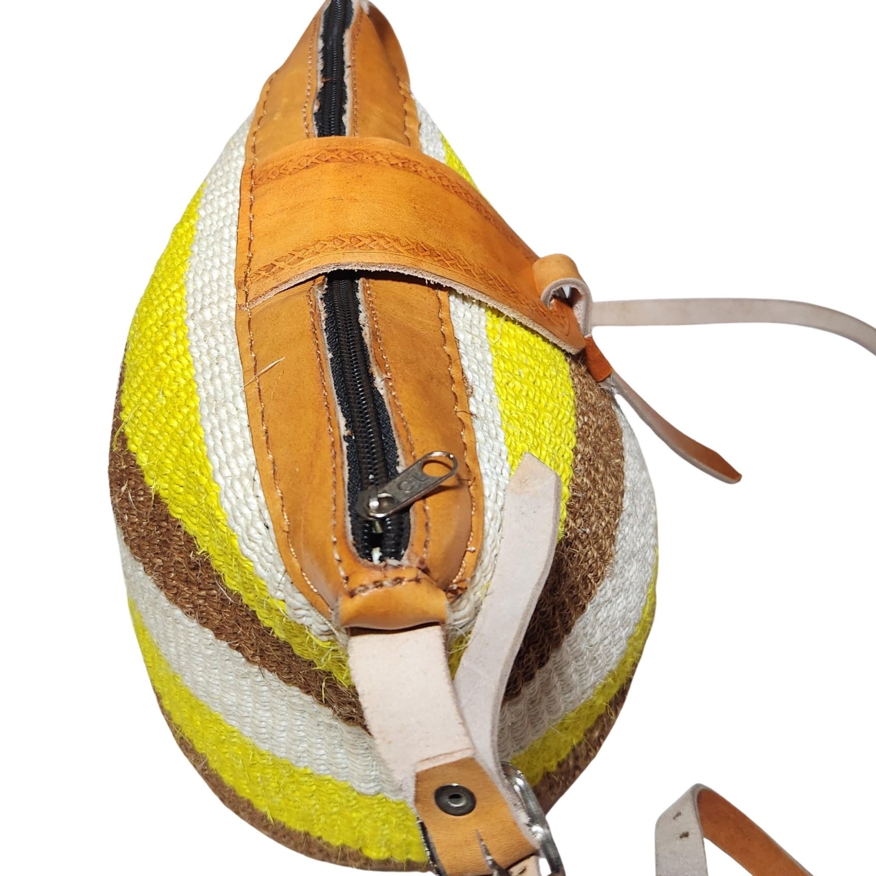 6 of 12: Nanyori: Authentic Hand Woven Sisal and Leather Kenyan Kiondo (Top View - Brown, Yellow and Natural Colors)