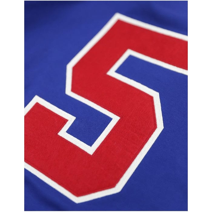 4 of 8: Hank Aaron: Indianapolis Clowns Heritage Baeball Jersey - Blue baseball jersey with red accents and 'Clowns' text on a white background (Rear Detail)