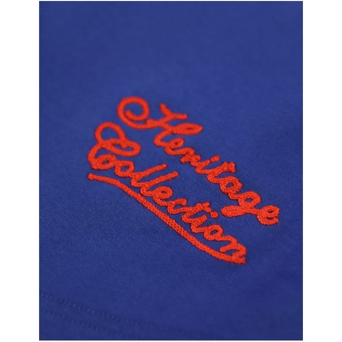 5 of 8: Hank Aaron: Indianapolis Clowns Heritage Baeball Jersey - Blue baseball jersey with red accents and 'Clowns' text on a white background (Front Detail 2)