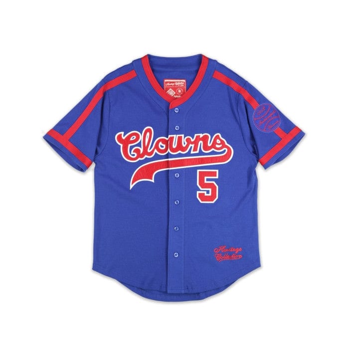 Hank Aaron: Indianapolis Clowns Heritage Baeball Jersey - Blue baseball jersey with red accents and 'Clowns' text on a white background (Front)