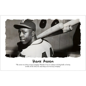 Hank Aaron: Keep Swingin' by Sankofa Designs - Black and white photo of Hank Aaron with bats, featuring a quote about maintaining determination. (Unframed)
