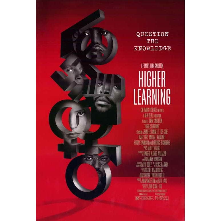 1 of 2: Higher Learning poster with symbolic imagery featuring cast faces on red background