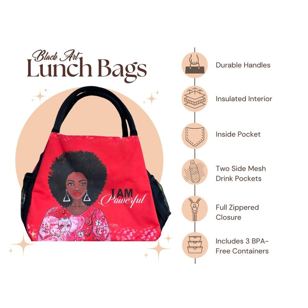 Sylvia "GBaby" Cohen's I Am Powerful crimson lunch bag with afro woman and food containers (Infographic)