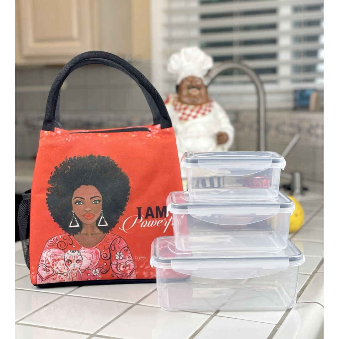 Sylvia "GBaby" Cohen's I Am Powerful crimson lunch bag with afro woman and food containers (Lifestyle)