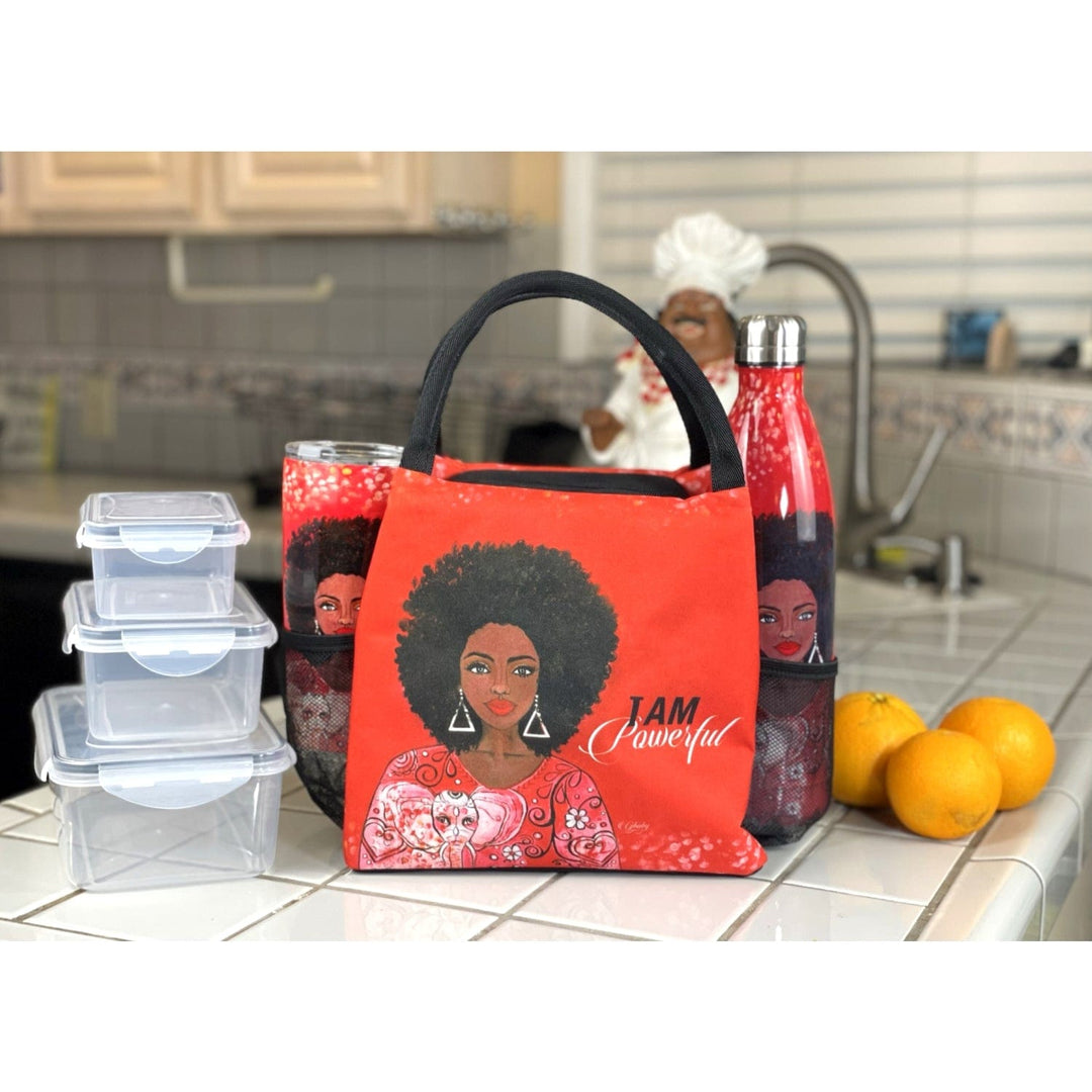 Sylvia "GBaby" Cohen's I Am Powerful crimson lunch bag with afro woman and food containers (Lifestyle 2)