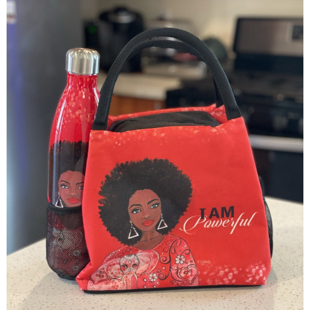 Sylvia "GBaby" Cohen's I Am Powerful crimson lunch bag with afro woman and food containers (Lifestyle 3)