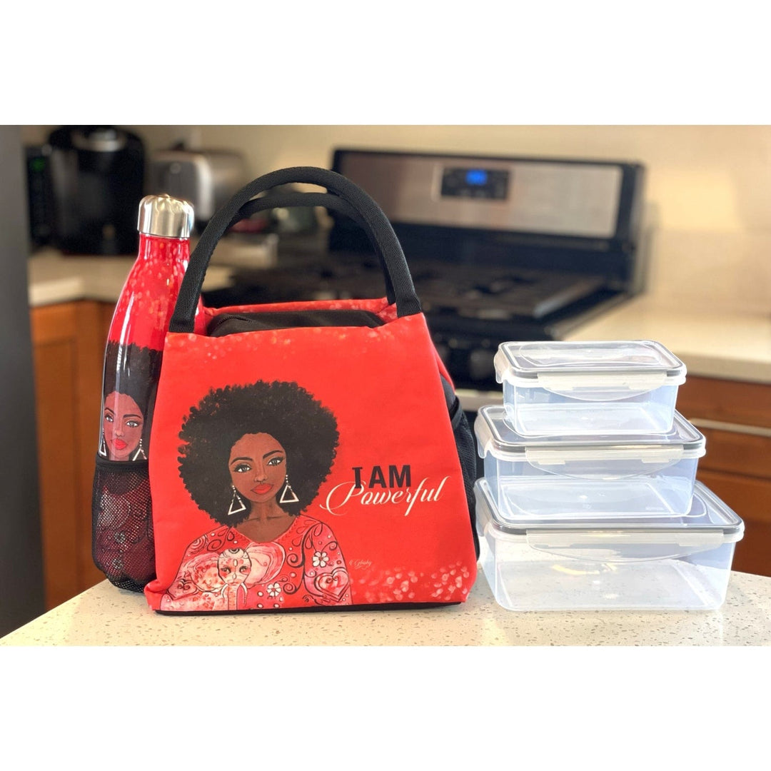 Sylvia "GBaby" Cohen's I Am Powerful crimson lunch bag with afro woman and food containers (Lifestyle 4)