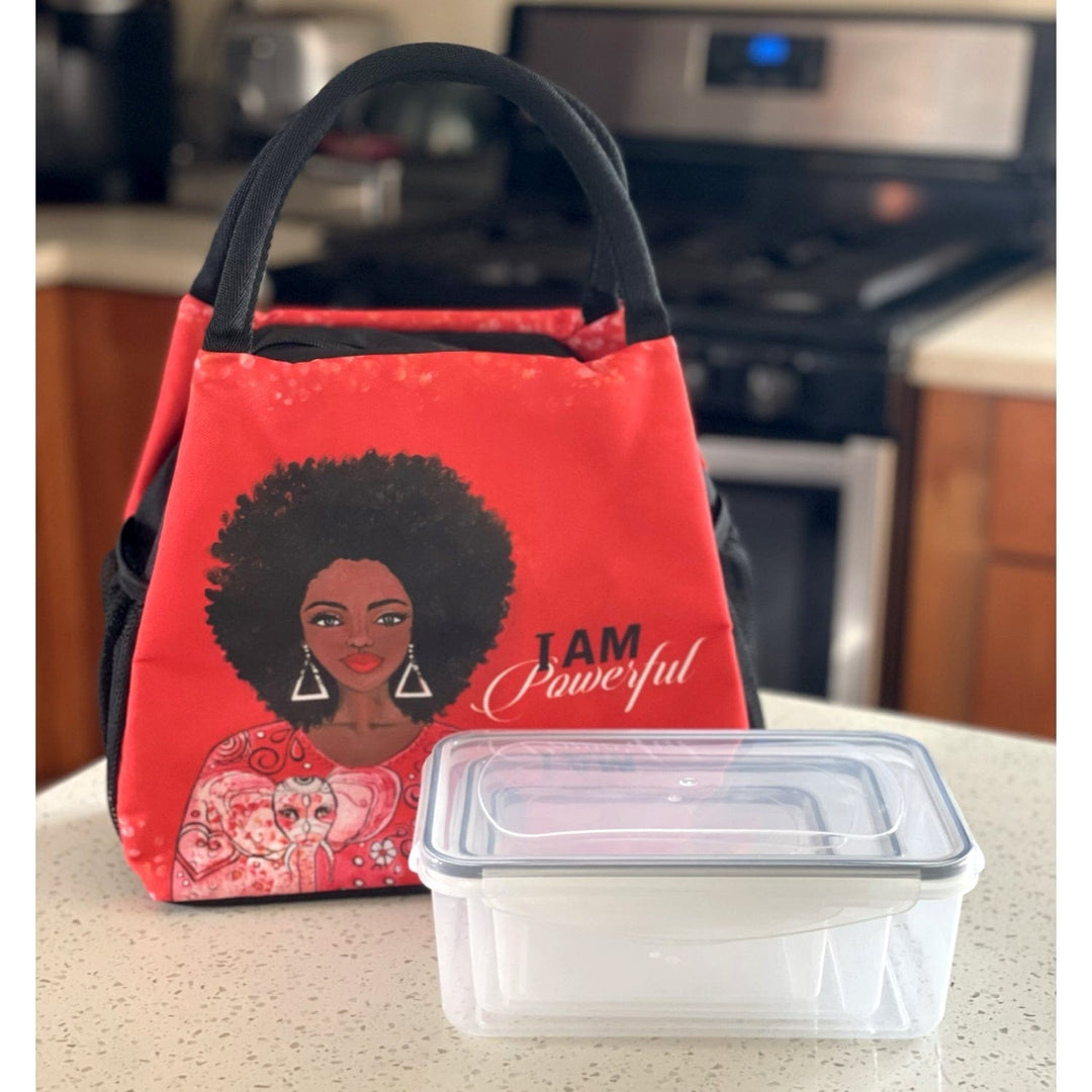Sylvia "GBaby" Cohen's I Am Powerful crimson lunch bag with afro woman and food containers (Lifestyle 5)