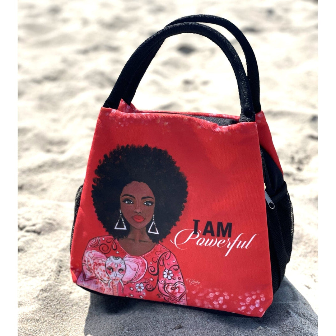 Sylvia "GBaby" Cohen's I Am Powerful crimson lunch bag with afro woman and food containers (Lifestyle 6)