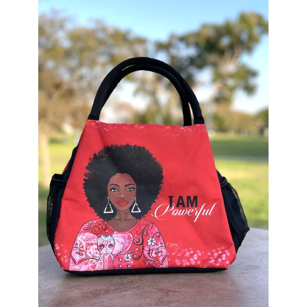 Sylvia "GBaby" Cohen's I Am Powerful crimson lunch bag with afro woman and food containers (Lifestyle 7)