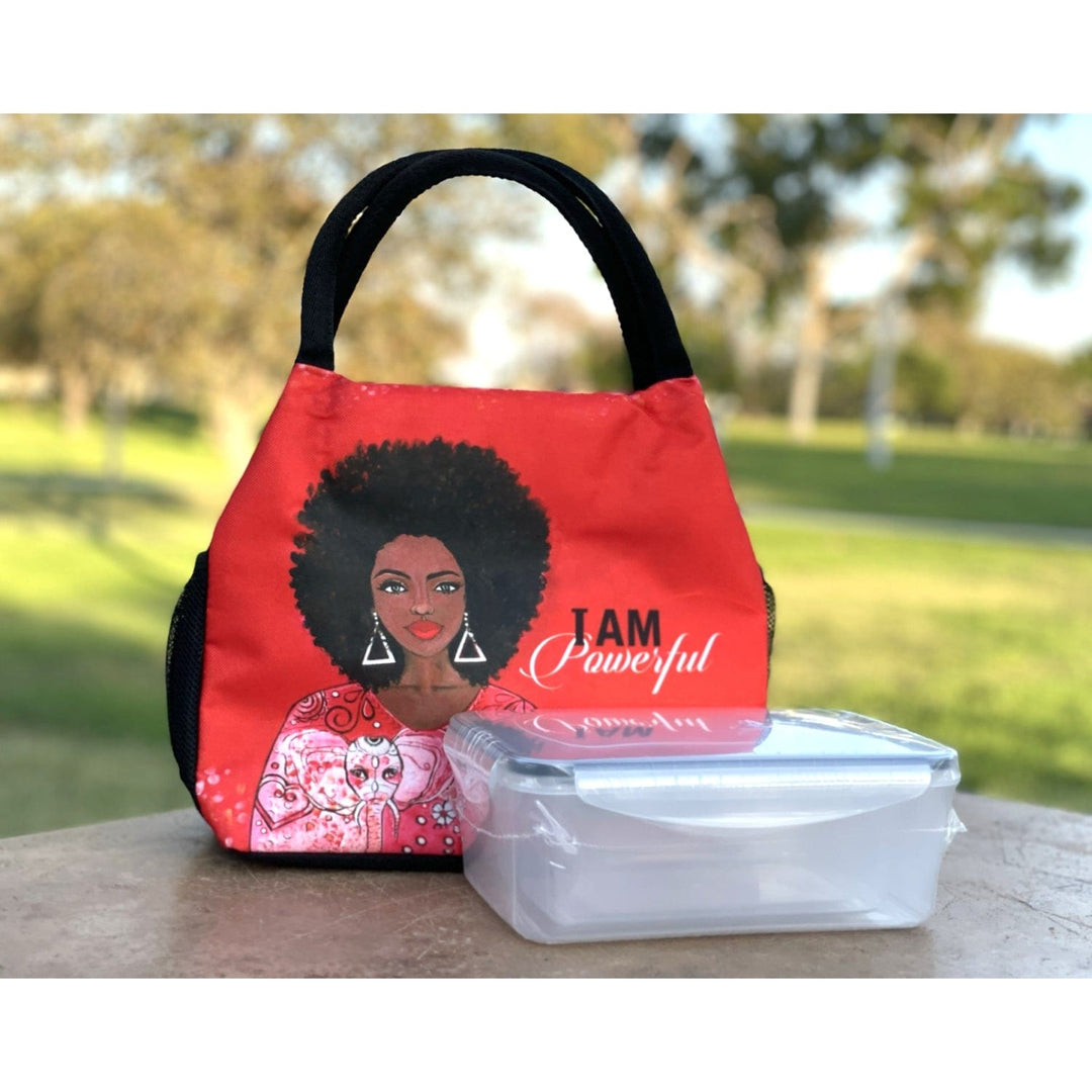 Sylvia "GBaby" Cohen's I Am Powerful crimson lunch bag with afro woman and food containers (Lifestyle 8)