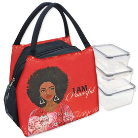 Sylvia "GBaby" Cohen's I Am Powerful crimson lunch bag with afro woman and food containers (Main Image)