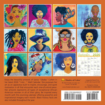 I Am: Art of Sylvia "Gbaby" Cohen 2026 African American Wall Calendar (Back) - Calendar cover with colorful illustrations of women on an orange background
