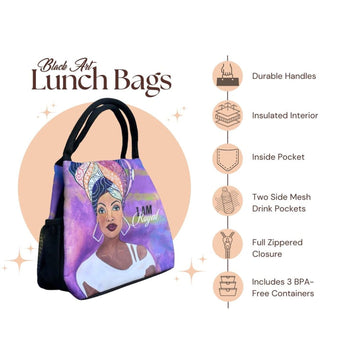 Sylvia "GBaby" Cohen's I Am Royal purple lunch bag with headwrap queen design (Infographic)