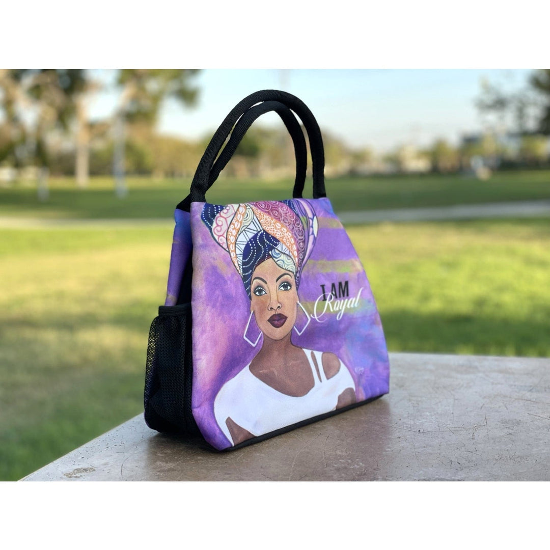 Sylvia "GBaby" Cohen's I Am Royal purple lunch bag with headwrap queen design (Lifestyle 3)