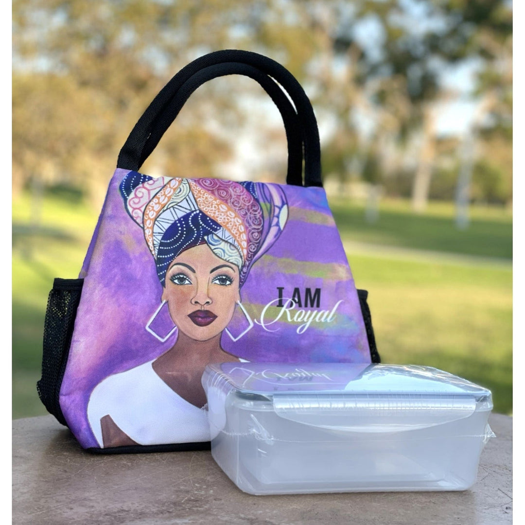 Sylvia "GBaby" Cohen's I Am Royal purple lunch bag with headwrap queen design (Lifestyle 7)