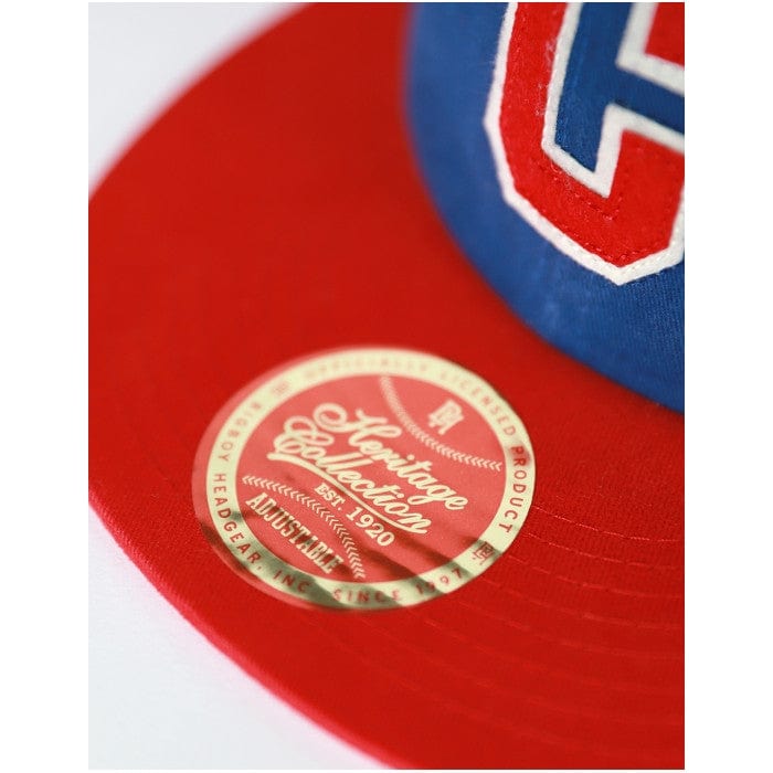 Indianapolis Clowns Heritage Cotton Snapback Baseball Cap - Red cap with a gold Heritage Collection logo on a white background (Brim Detail)