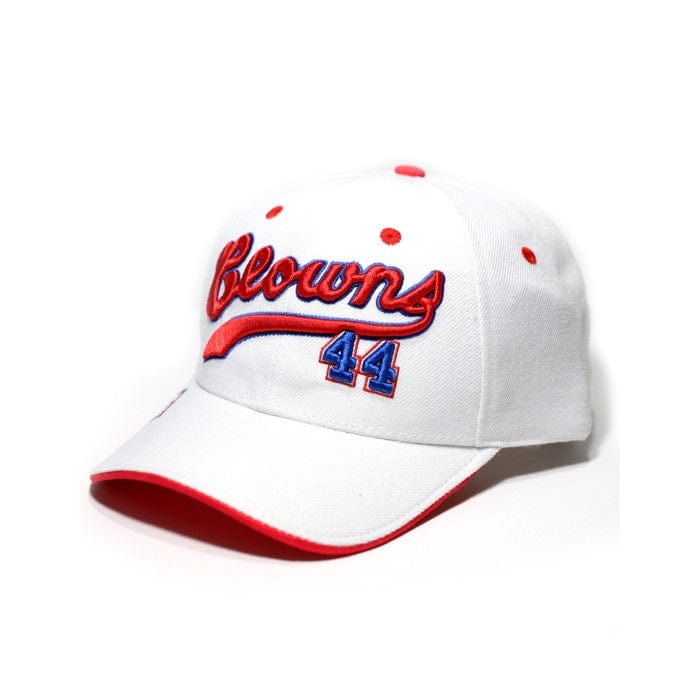 1 of 2: Indianapolis Clowns Legacy Negro Leagues Baseball Cap - White cap with red and blue 'Clowns' and number '44' on a white background (Front)